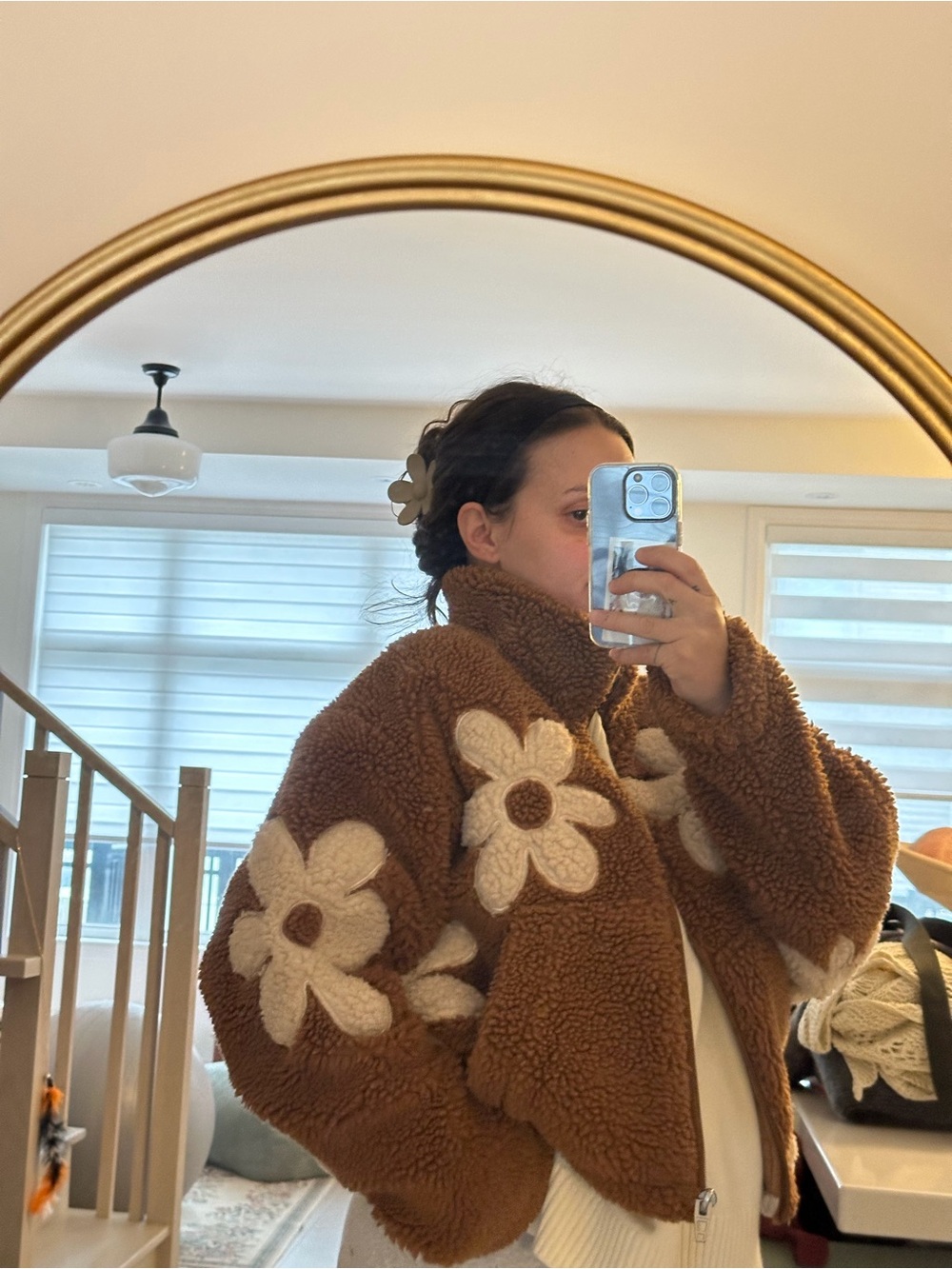 FREE PEOPLE X Blank NYC ~ Brown Teddy Jacket with Cream Floral Appliqués